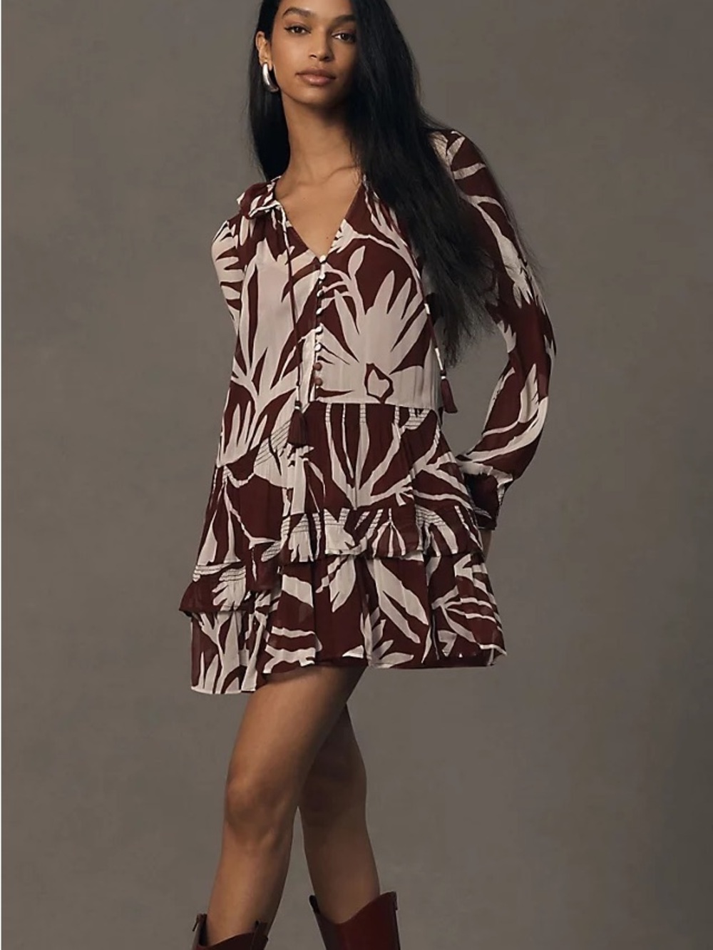 Floral Tiered Long-Sleeve Mini Dress in Brown and Cream